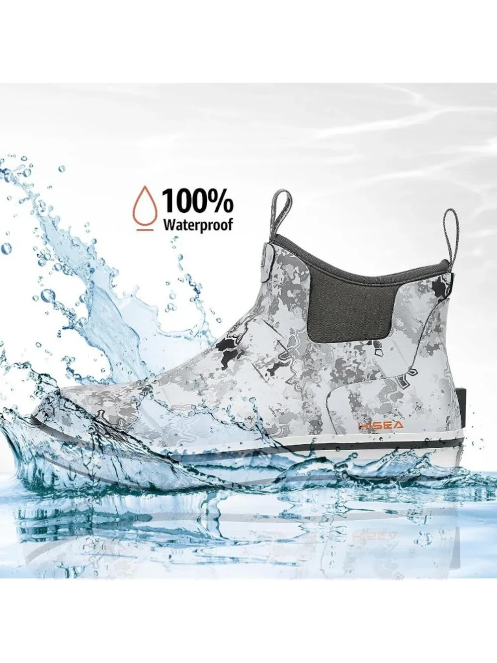 Men's Grey Camo Ankle Deck Waterproof Rubber Neoprene Fishing Non-Slip Rain Boot